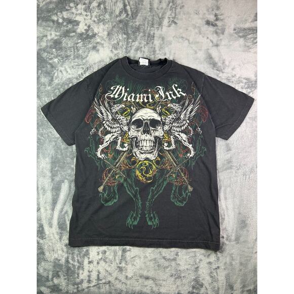 Vintage Miami Ink Tattoo Skull Graphic T-Shirt‎ Mens L Grunge Biker Y2K - Picture 1 of 8